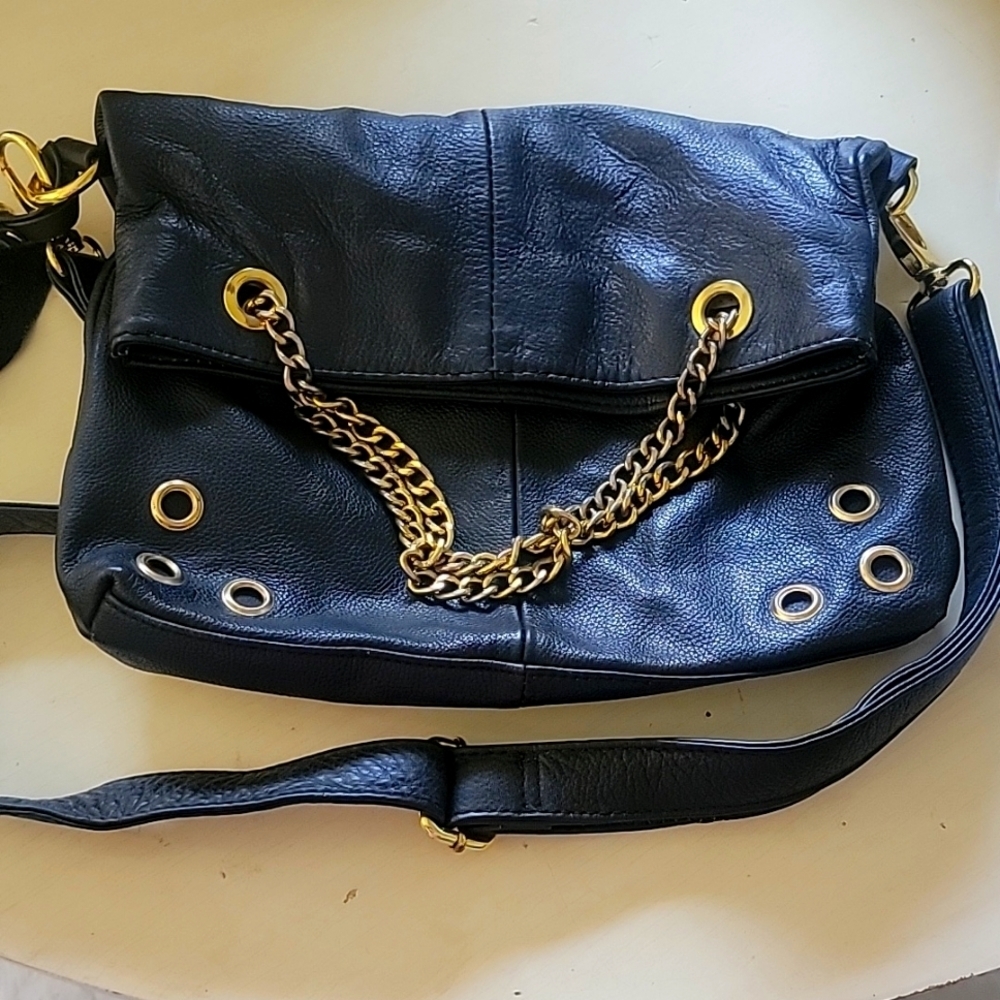 ROUGH ROSES BLACK LEATHER CROSSBODY HANDBAG